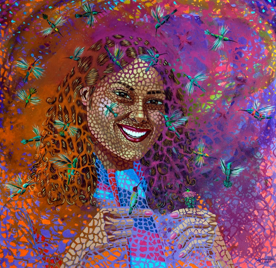 Dama con colibries 90x90 cm 2019